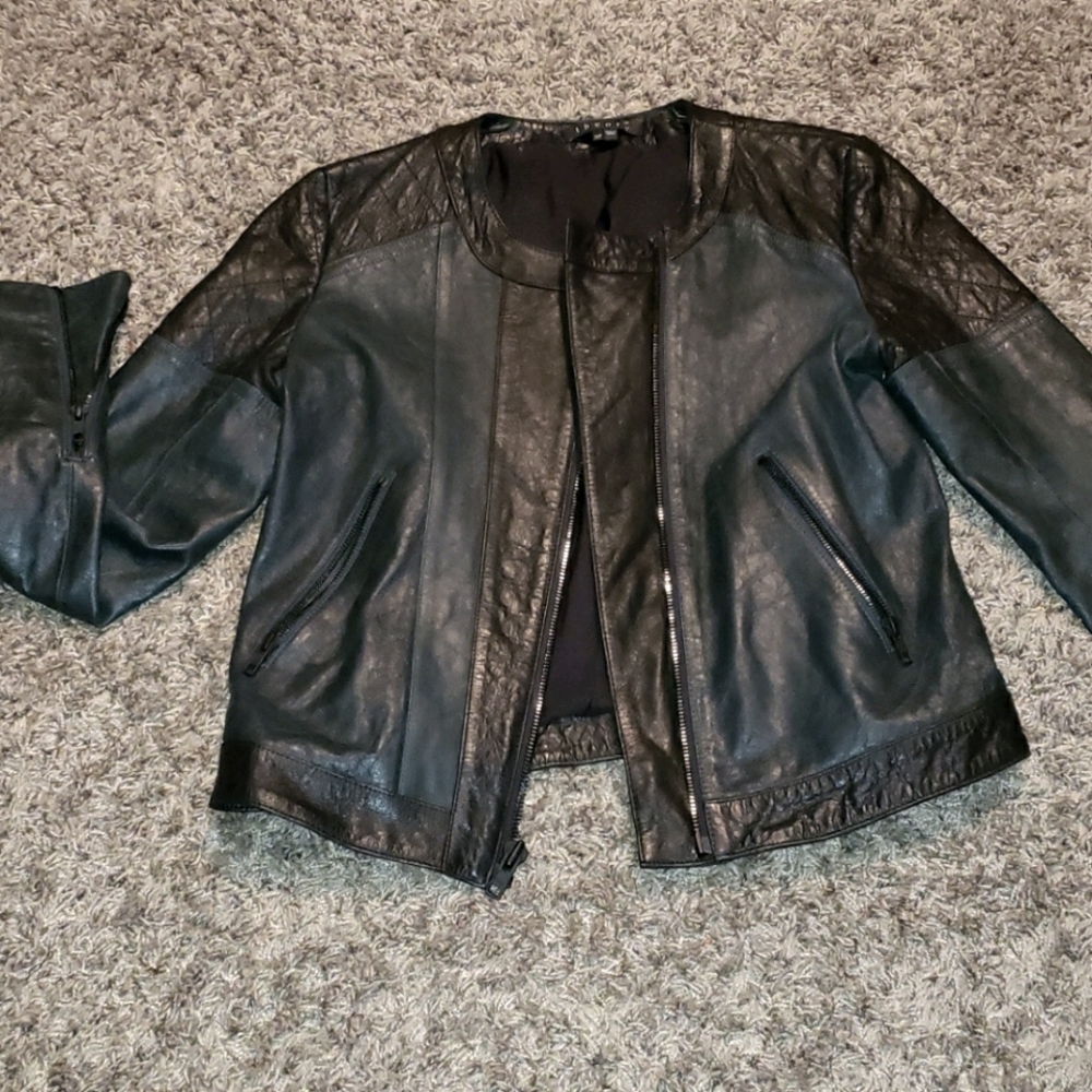 THEORY real leather navy n black moto jacket